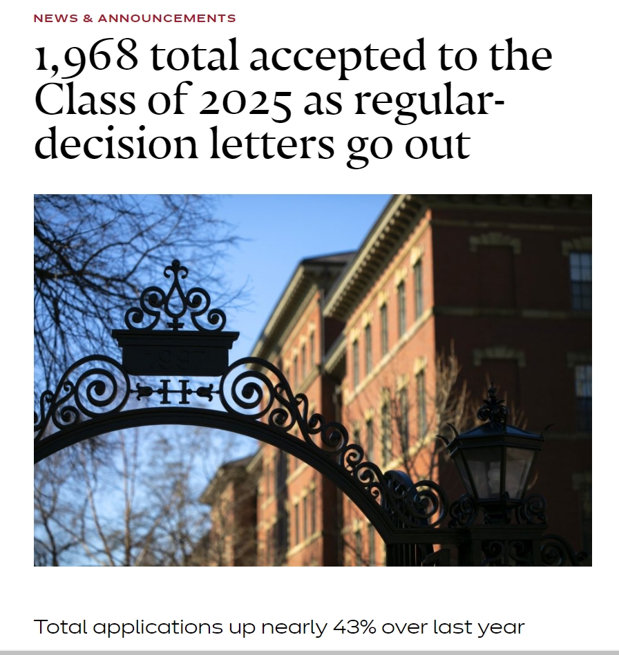 Notice 20202021 하버드 대학교 입학지원자 합격발표 결과 (Harvard College Class of 2025)